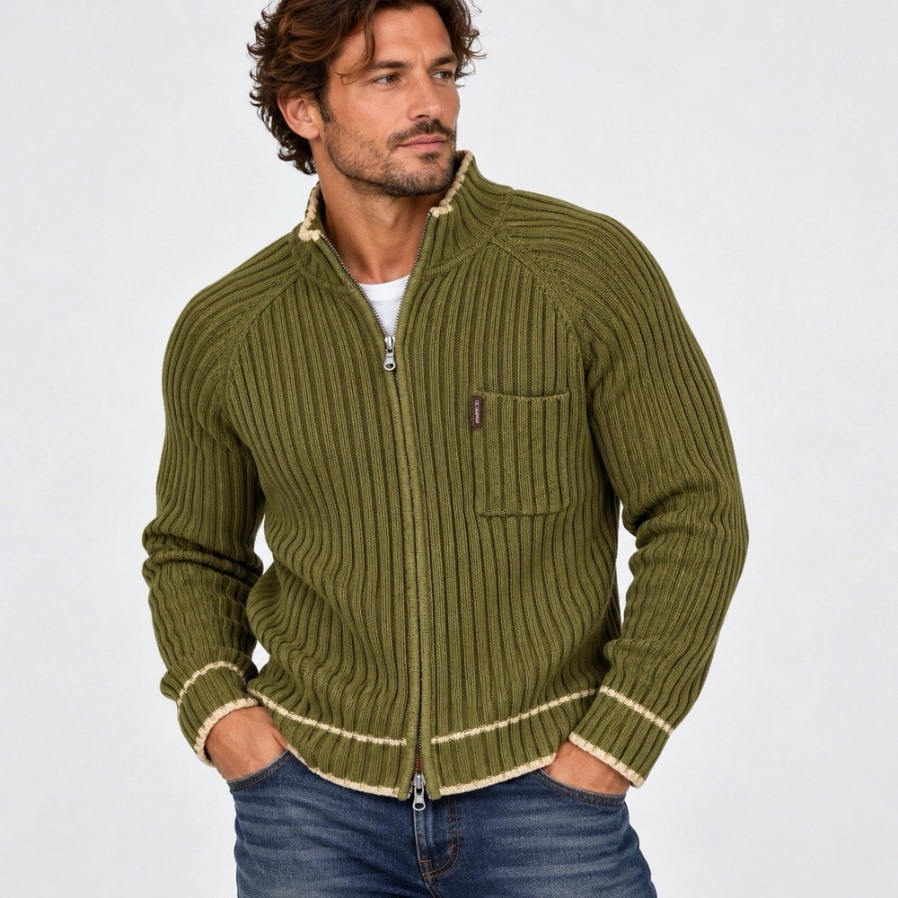GUESS Men's Olive Green Ribbed Knit Full Zip Sweater Sz M Cardigan Y2K Retro EUC